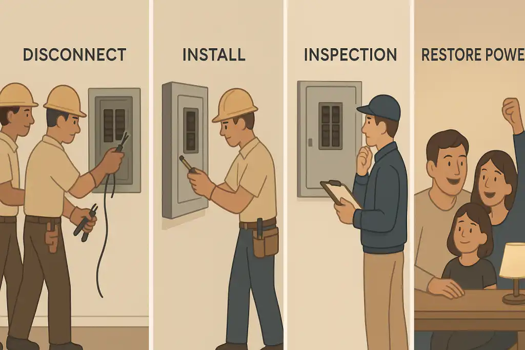 200 Amp Electrical Panel: Benefits, Cost & When to Upgrade 3 Step by step illustration showing electricians disconnecting and installing a new electrical panel, inspector checking panel, and a happy family after power restoration, representing a 100 to 200 amp panel upgrade service in Whitby