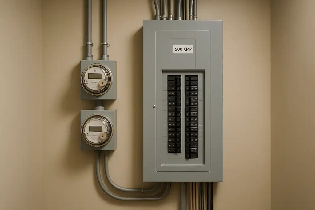 200 Amp Electrical Panel: Benefits, Cost & When to Upgrade 1 Modern 200 amp electrical panel upgrade installed on beige wall with twin utility meters and organized conduit, demonstrating professional service in Whitby and Durham Region