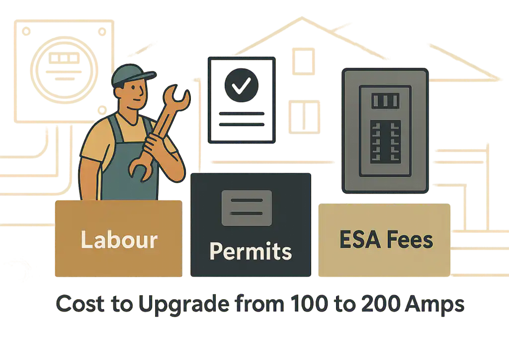 200 Amp Electrical Panel: Benefits, Cost & When to Upgrade 4 Illustration showing factors in the cost to upgrade from a 100 to 200 amp electrical panel, including labour, permits, ESA fees, and an electrician with a wrench, relevant to Whitby and Durham Region