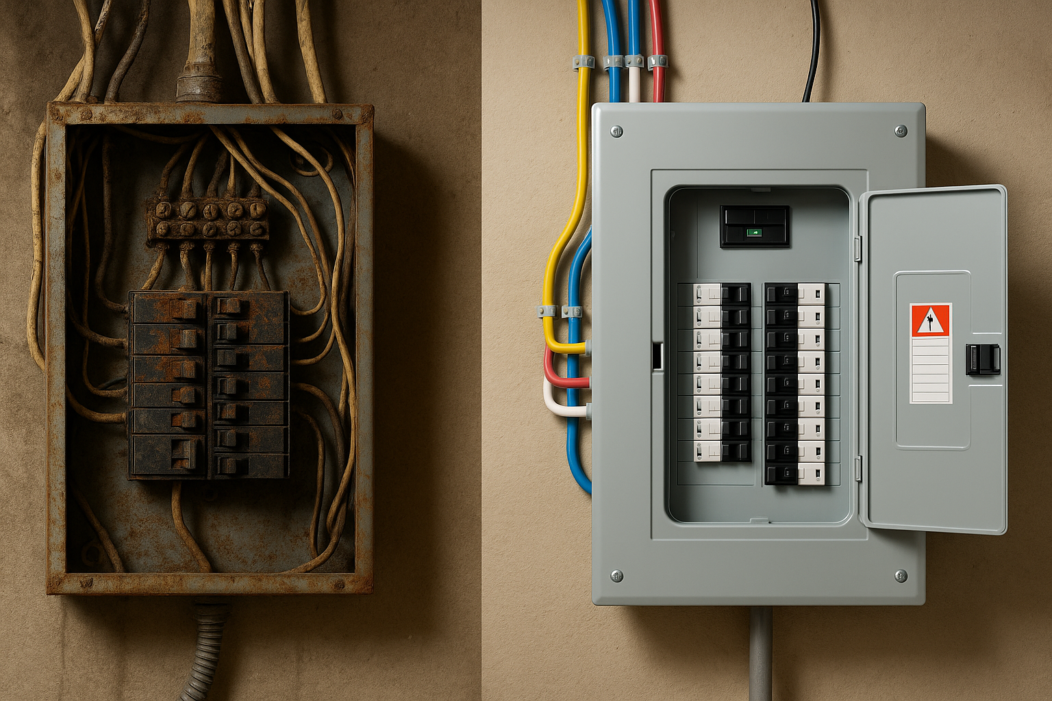 Side by side comparison of an old, rusty electrical breaker panel with tangled wires and a modern, well-organized breaker panel with color-coded wiring, illustrating the importance of electrical safety checkups for Whitby homes.