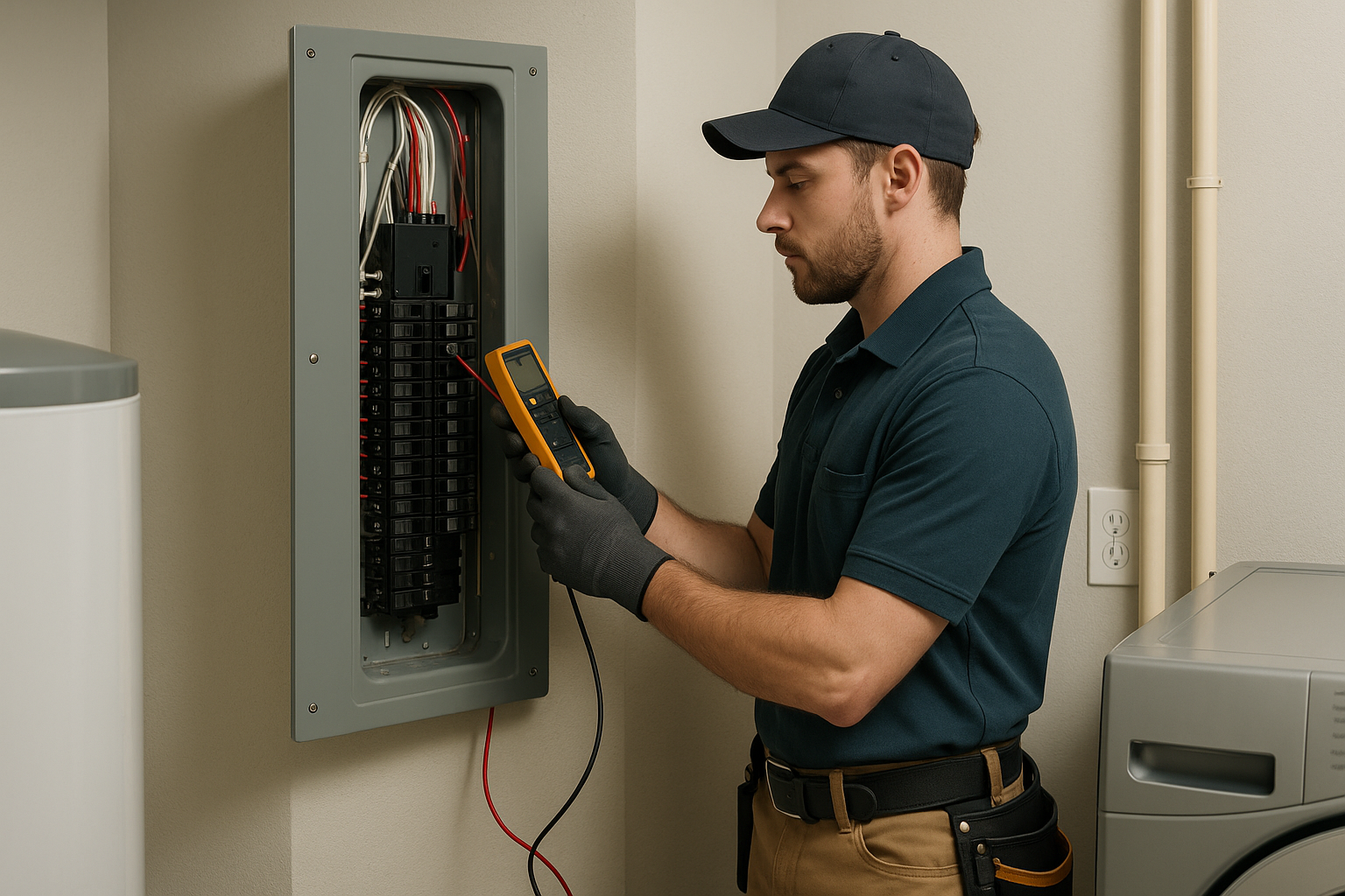 Certified electrician performing a safety inspection on a household electrical panel using a digital multimeter in a Whitby home