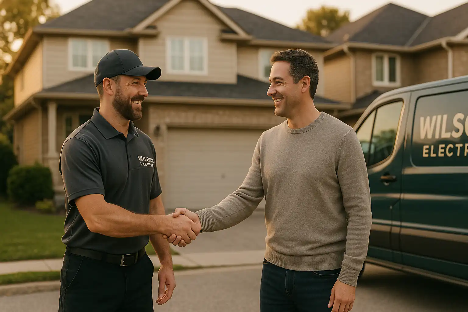Wilson Electric technician shaking hands with a homeowner outside a Whitby residence, standing beside a branded service van, demonstrating friendly electrical safety checkup service