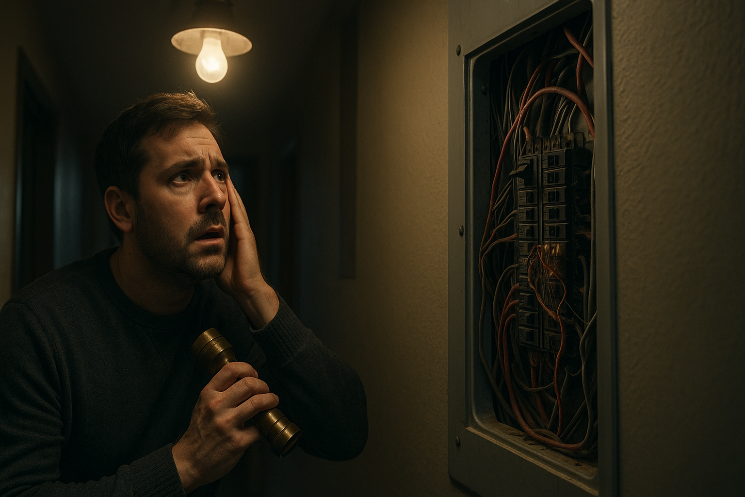 Concerned man holding flashlight inspects exposed electrical breaker panel with visible wiring in dimly lit Whitby home hallway