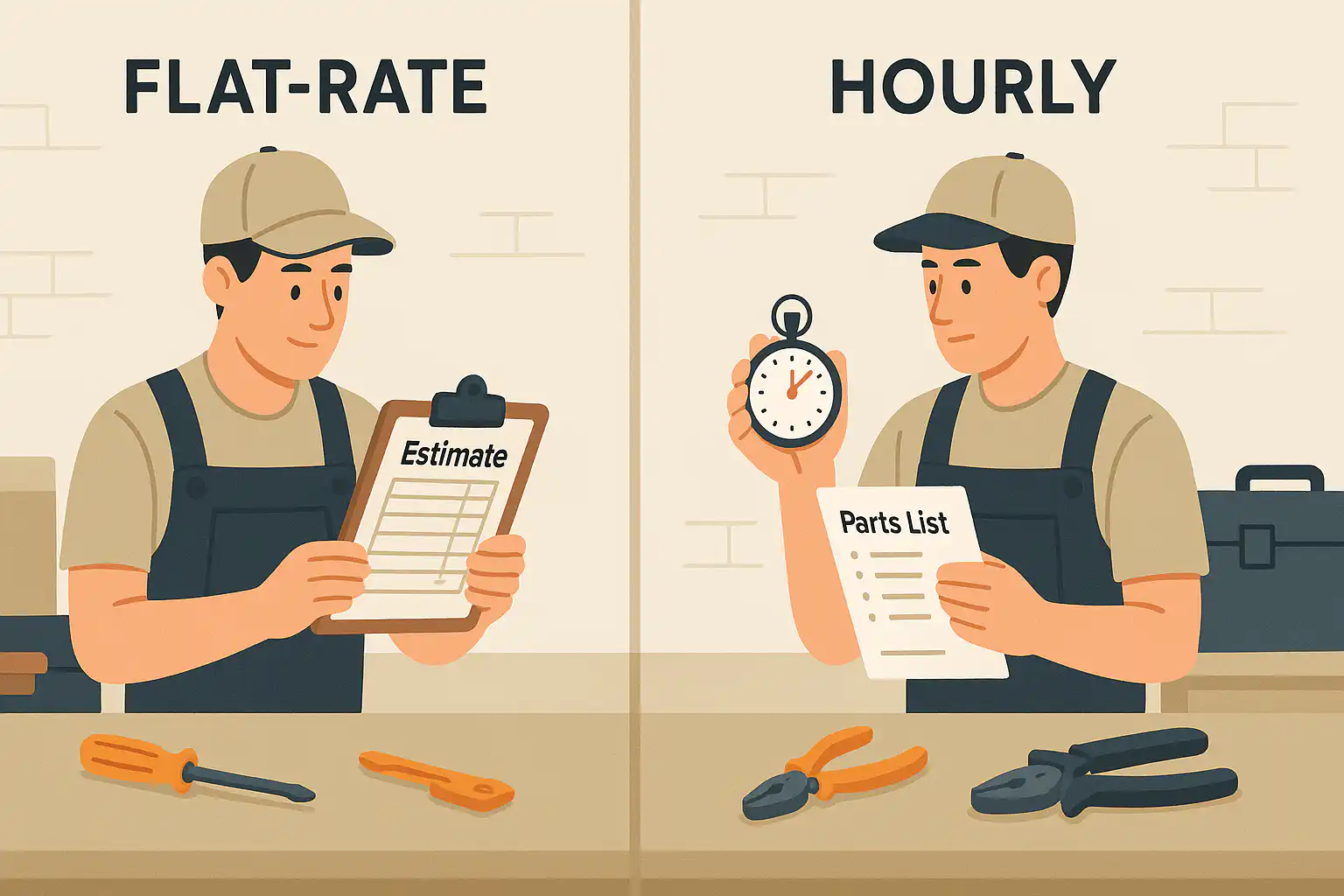 Illustration comparing an electrician offering flat-rate pricing with a clipboard estimate and another electrician offering hourly billing with a stopwatch and parts list, highlighting service options in Whitby