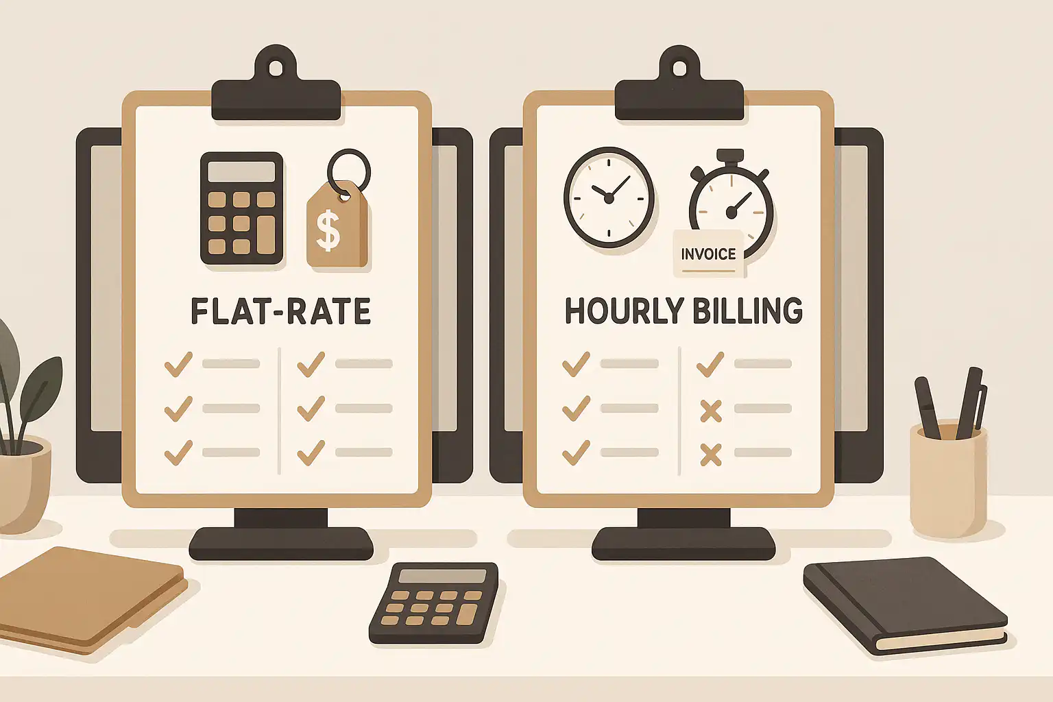 Illustration of two clipboards on desks comparing flat-rate pricing and hourly billing, with calculator, plant, and office supplies, highlighting electrician service pricing options in Whitby and Durham Region.