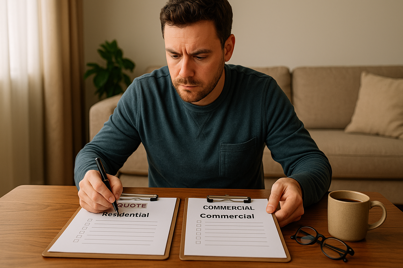 Man comparing residential and commercial electrician service quotes on clipboards in a cozy living room, representing decision between flat rate and hourly billing options in Whitby