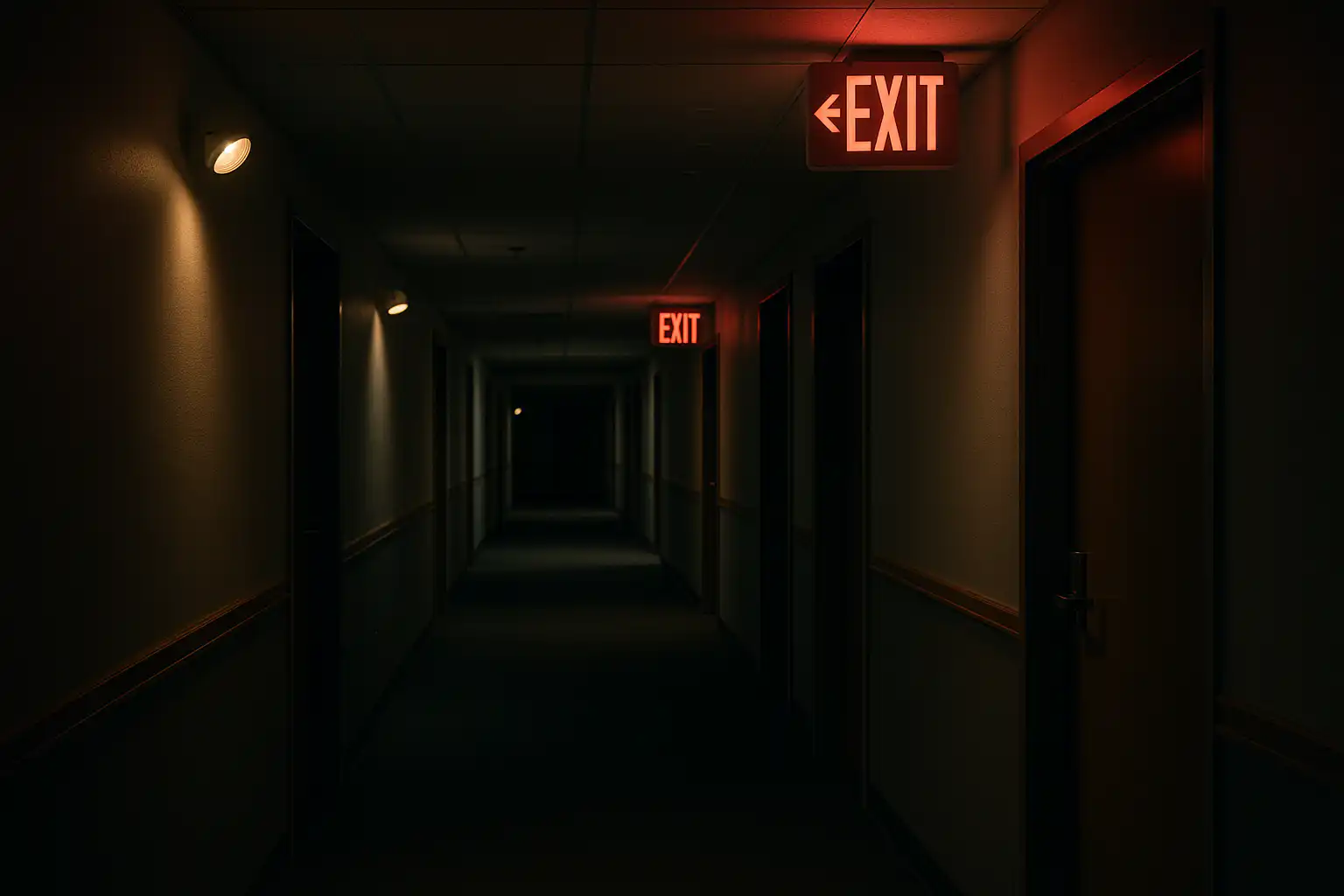 Dimly lit hallway with illuminated emergency exit signs and wall-mounted emergency lights, demonstrating effective emergency lighting installation in Whitby ON