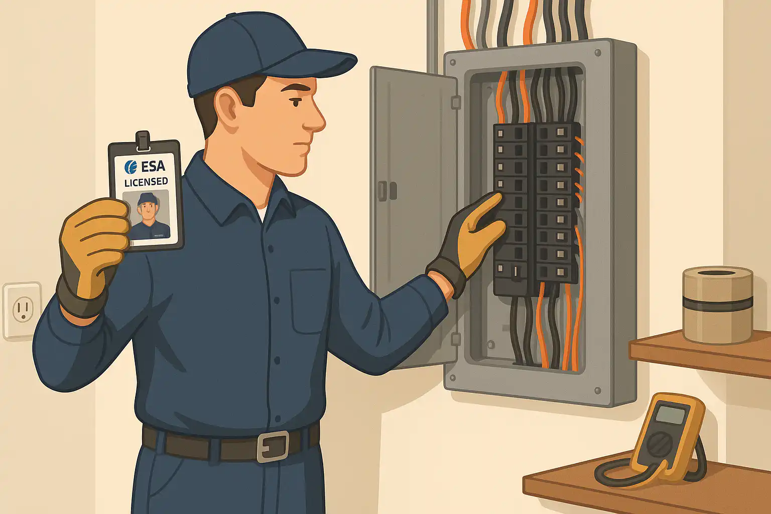 Licensed electrician wearing safety gloves checks residential electrical panel in Whitby while showing ESA license badge, demonstrating safe and professional electrical service standards.