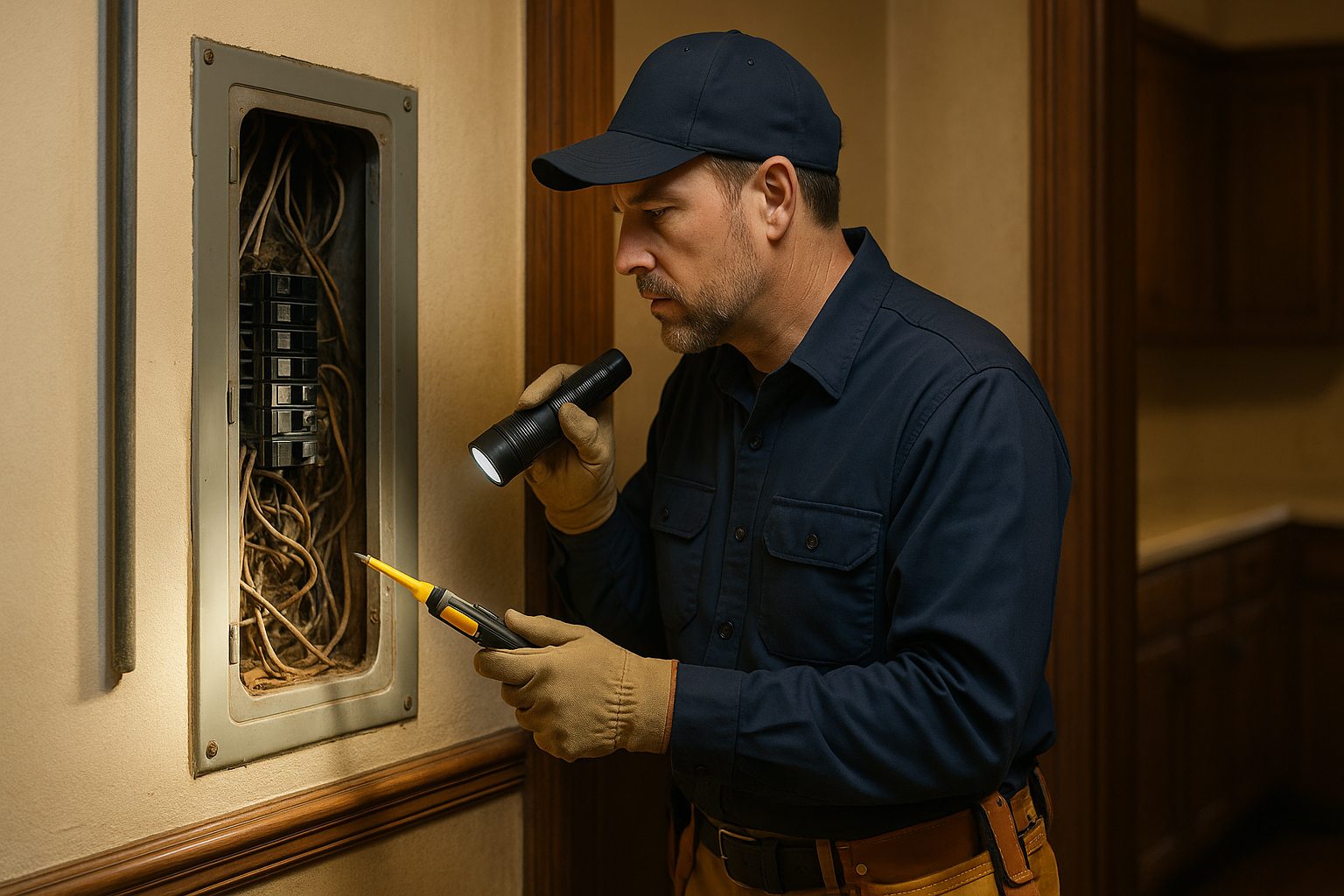 How to Choose an Electrician: Hiring Tips & Questions to Ask 1 Residential electrician in uniform inspecting home electrical panel using flashlight and voltage tester in Whitby Durham Region