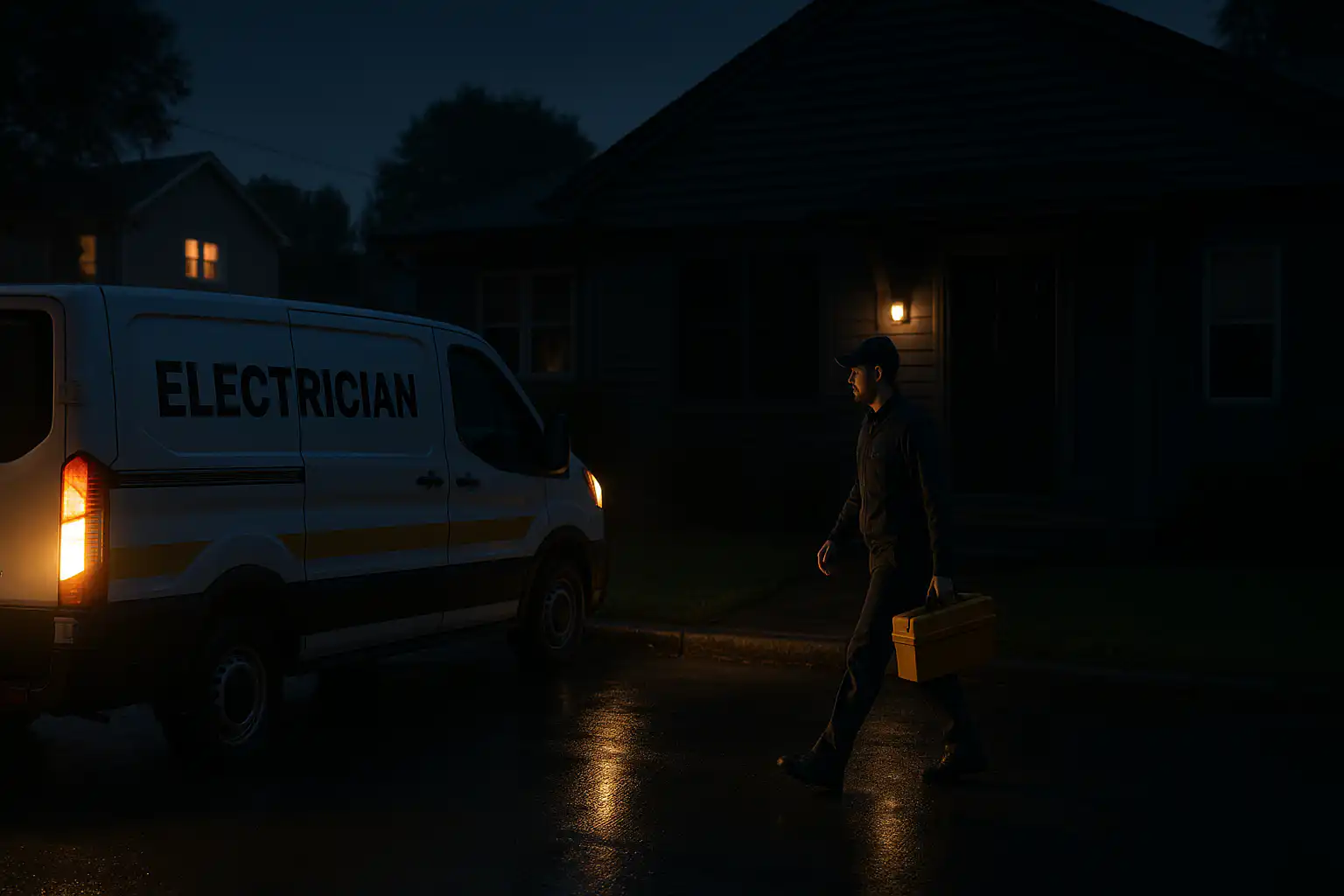 How to Choose an Electrician: Hiring Tips & Questions to Ask 3 Electrician carrying toolbox walking toward a house at night with a clearly marked electrician van parked outside, representing responsive local residential electrical services in Whitby and the Durham Region.