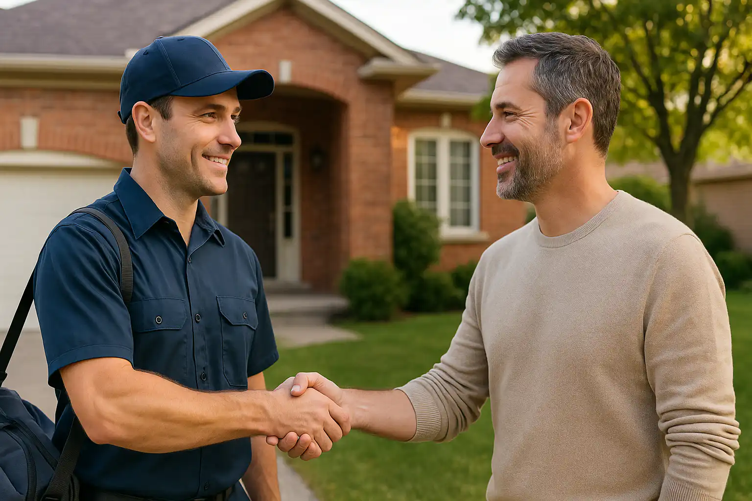A friendly electrician in uniform shakes hands with a smiling homeowner in front of a suburban house, representing trusted local residential electrical services in Whitby and the Durham Region.
