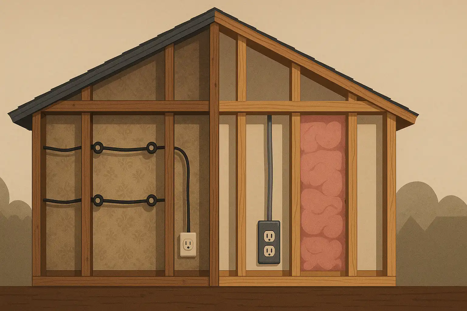 Diagram showing cross section of a house wall comparing old knob and tube wiring on the left with modern insulated electrical wiring and outlet on the right, demonstrating electrical safety in Whitby homes.