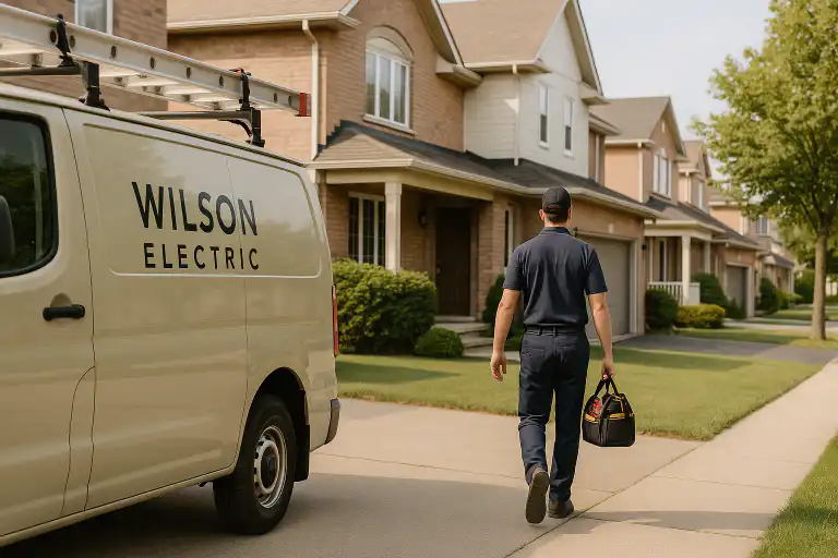 Wilson Electric Inc electrician carrying tool bag walking toward a modern suburban home in Whitby with a branded service van parked nearby