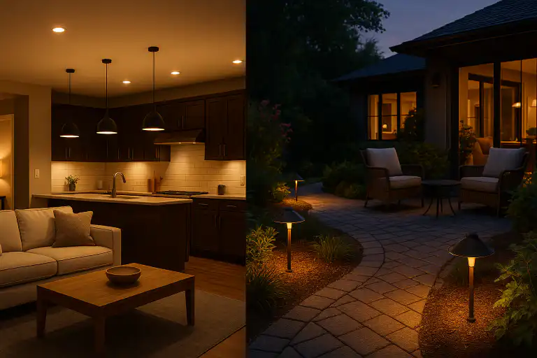 Modern residential lighting featuring a well-lit kitchen with pendant lights and cozy under-cabinet illumination, alongside an outdoor patio path with professional landscape lighting at dusk.