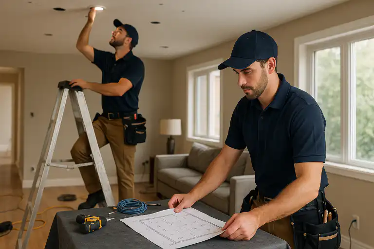 Two professional electricians from Wilson Electric Inc installing recessed ceiling lighting and reviewing electrical plans in a bright modern living room