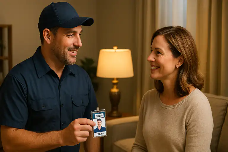 Residential lighting expert in uniform showing ID badge to a smiling homeowner during a consultation in a warmly lit Whitby home