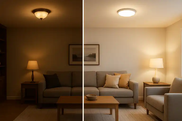 Split view of a living room showing a before and after comparison of residential lighting upgrade with modern ceiling light and improved brightness, demonstrating expert lighting solutions in Pickering and Whitby