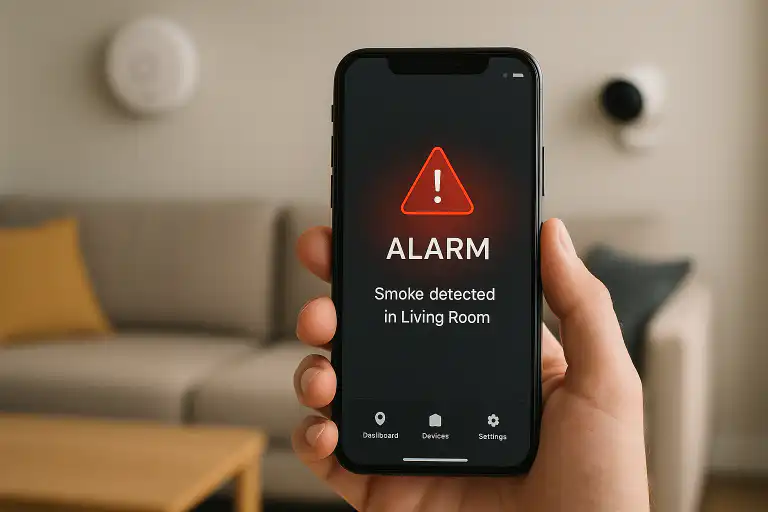 Hand holding smartphone displaying smoke alarm detected in living room, modern smart home with visible smoke and carbon monoxide detectors on wall in Whitby Durham Region