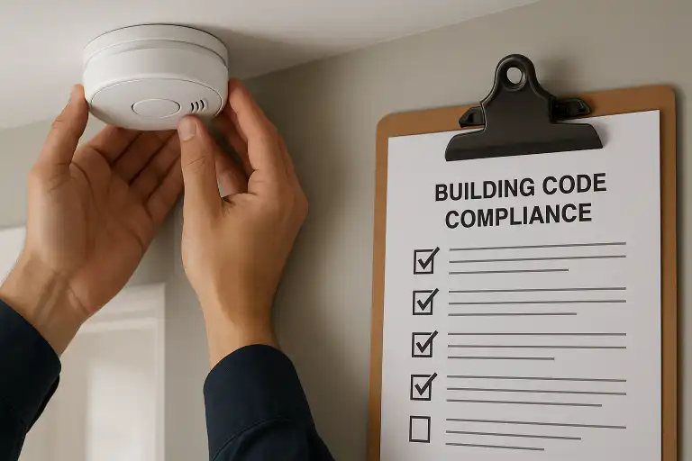 Hands installing a smoke alarm on a ceiling next to a building code compliance checklist, highlighting safety standards for smoke alarms and carbon monoxide detectors