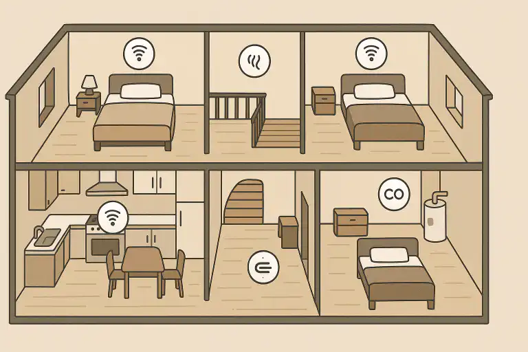 Illustrated floor plan of a house showing optimal placement of smoke alarms and carbon monoxide detectors in bedrooms, kitchen, hallway, and near utility areas