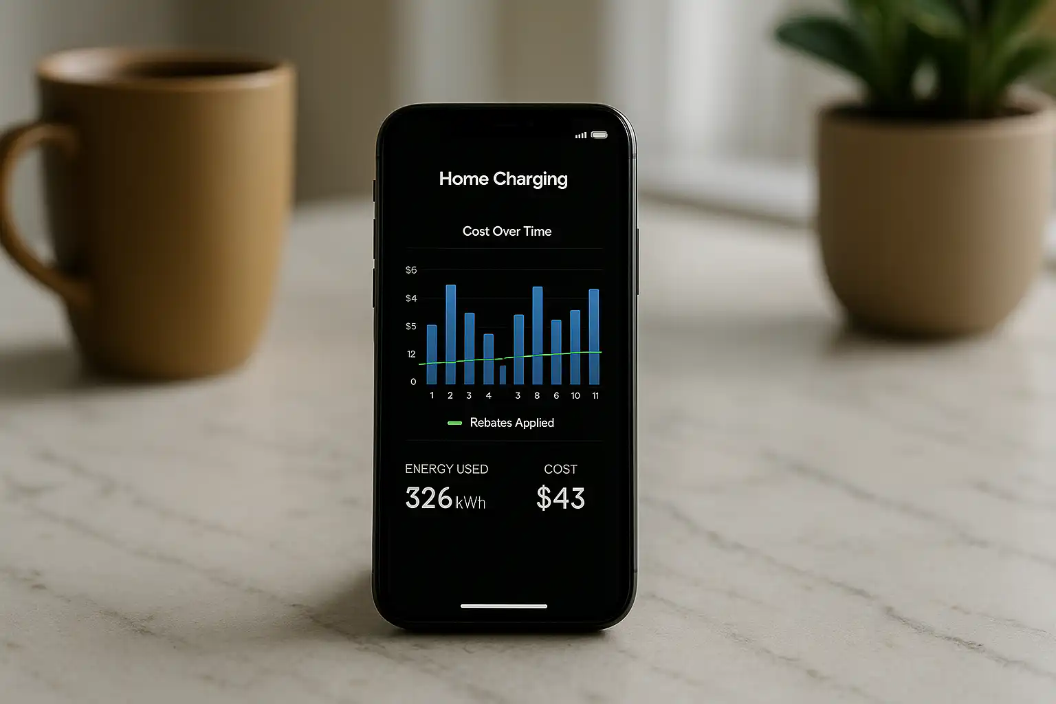 Smartphone displaying Tesla home charging energy usage and cost tracking app, placed on a kitchen counter with cups and a plant in the background.
