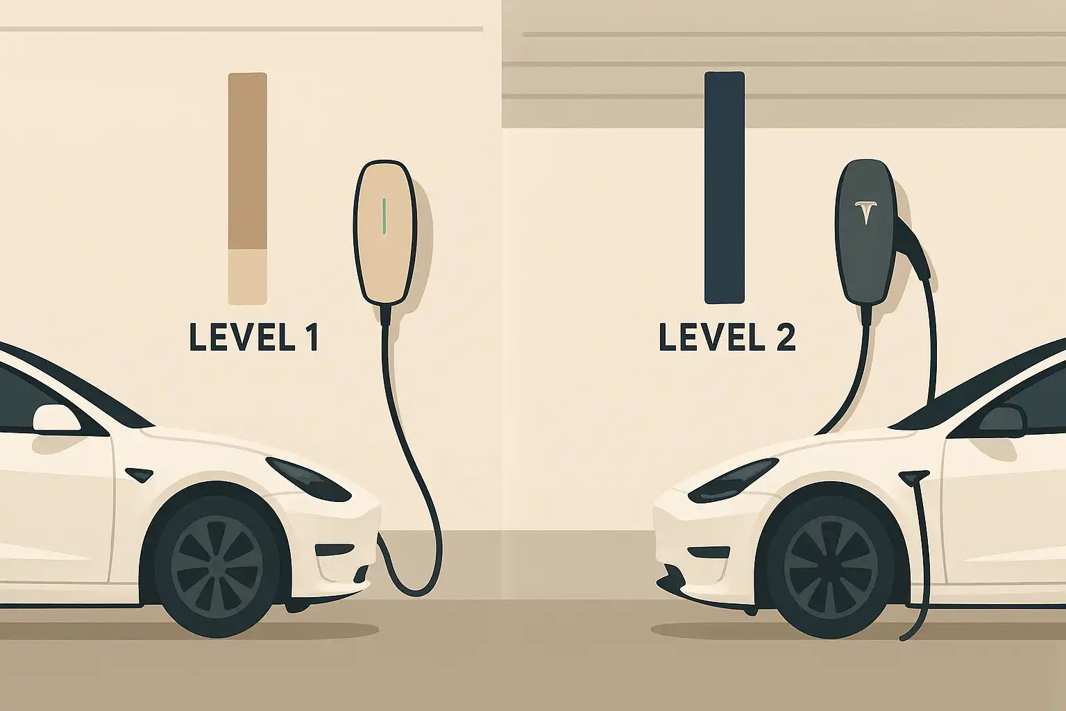 Illustration comparing Tesla home charging options showing a white car charging with a Level 1 charger on the left and a Level 2 charger on the right, highlighting differences in speed and efficiency.