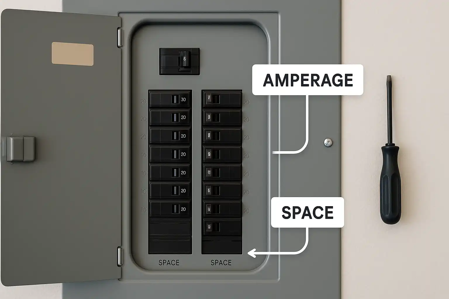 Open electrical panel showing circuit breakers with labels for amperage and available space, alongside a screwdriver, relevant to Tesla charging installation at home in Whitby