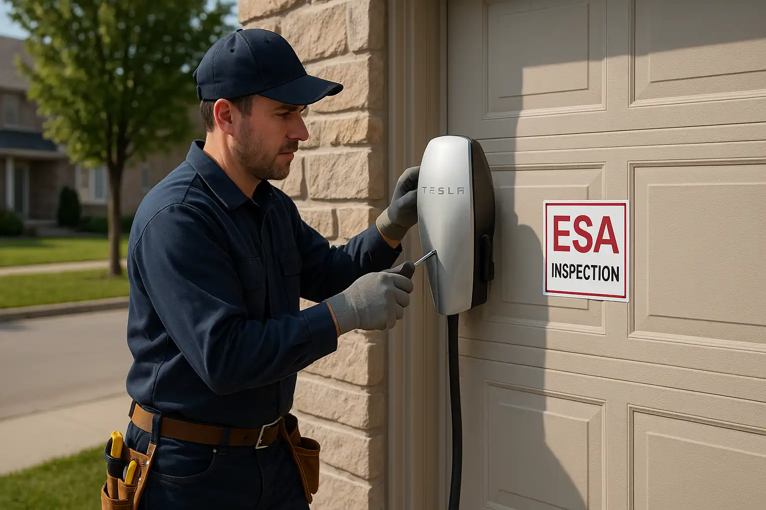 Licensed electrician performing ESA inspection on Tesla charging station installed on a Whitby home garage exterior