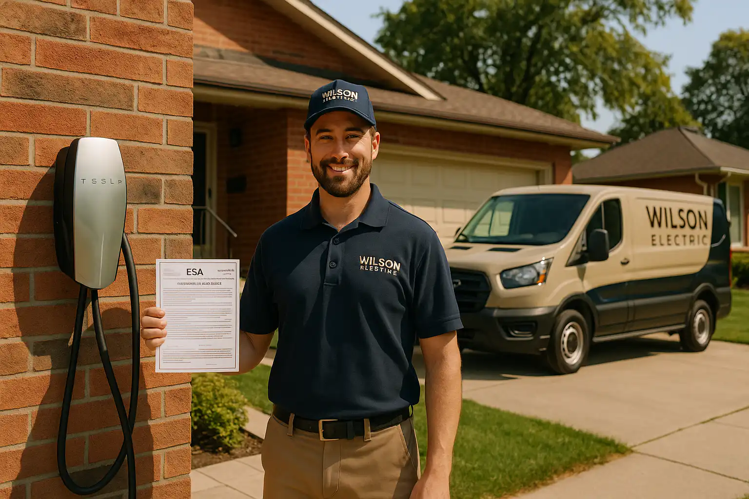 Wilson Electric technician standing beside newly installed Tesla home charging station outside a brick house in Whitby, holding an electrical safety certificate with a Wilson Electric van parked in the driveway