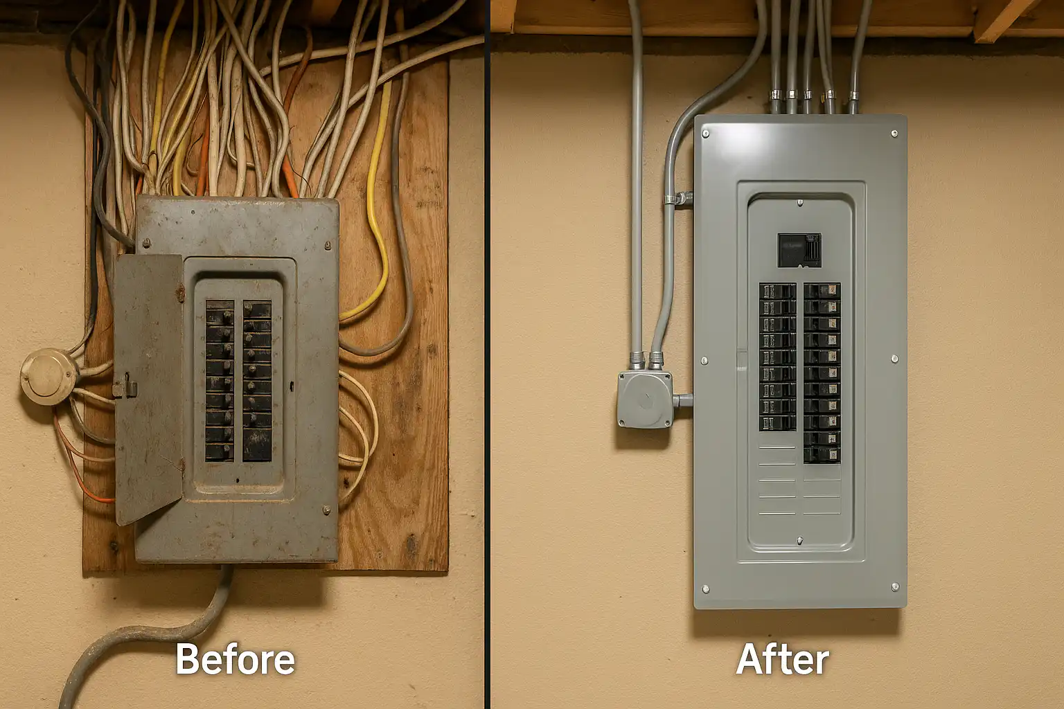 How to Choose an Electrician: Hiring Tips & Questions to Ask 5 Side by side comparison of an old, outdated electrical panel with exposed wires beside a newly installed modern electrical panel in a residential setting