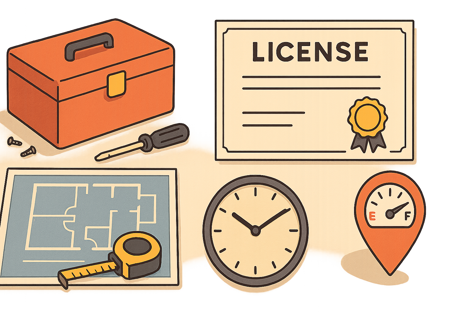 Illustration showing a toolbox, screwdriver, architectural blueprint with measuring tape, official license certificate, wall clock, and location pin with a fuel gauge, representing electrician services and pricing options in Whitby