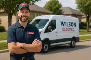 Wilson Electric technician standing confidently in front of branded service van on a residential street in Whitby, Durham Region, ready for 200 amp electrical panel upgrade services