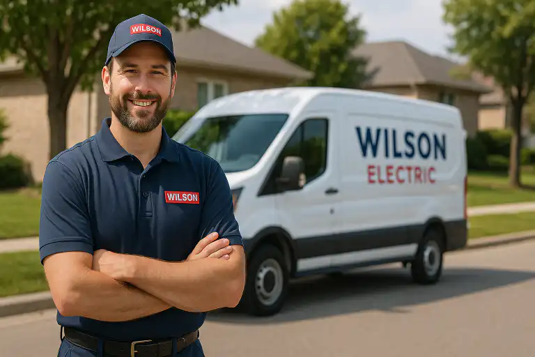 200 Amp Electrical Panel: Benefits, Cost & When to Upgrade 5 Wilson Electric technician standing confidently in front of branded service van on a residential street in Whitby, Durham Region, ready for 200 amp electrical panel upgrade services
