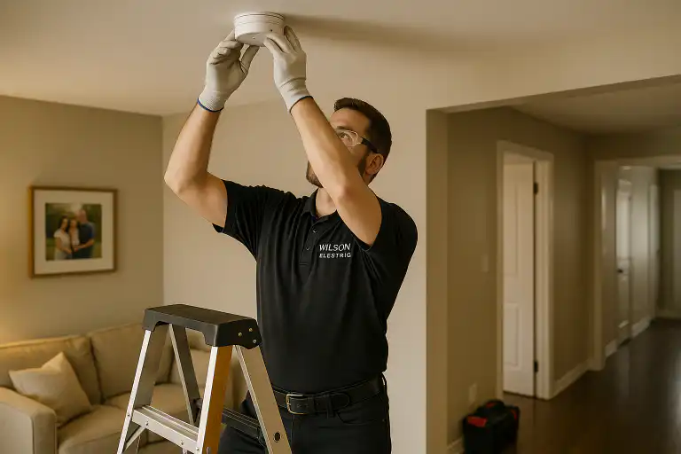 Wilson Electric technician on ladder installing smoke alarms and carbon monoxide detector in a Whitby home living room