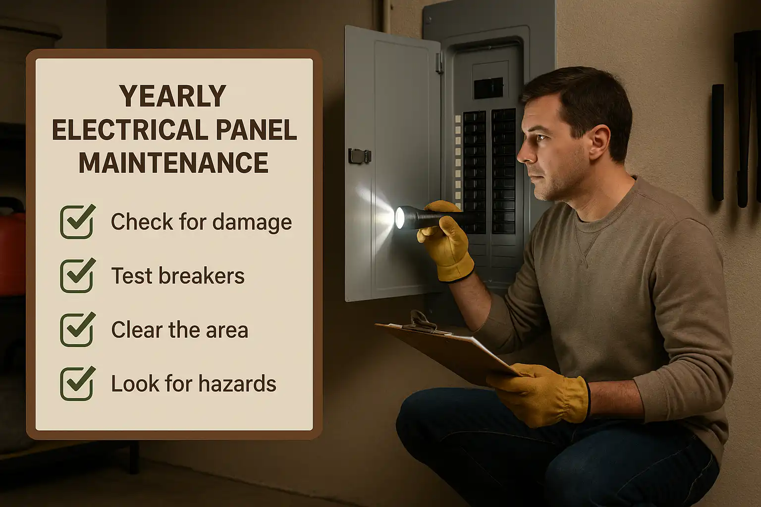 Electrician wearing gloves inspects breaker panel with flashlight and clipboard next to a sign listing yearly electrical panel maintenance tips including checking for damage and testing breakers.
