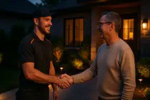 Smiling electrician in uniform shakes hands with a satisfied customer outside a well-lit home in the evening representing court lighting setup services in Clarington