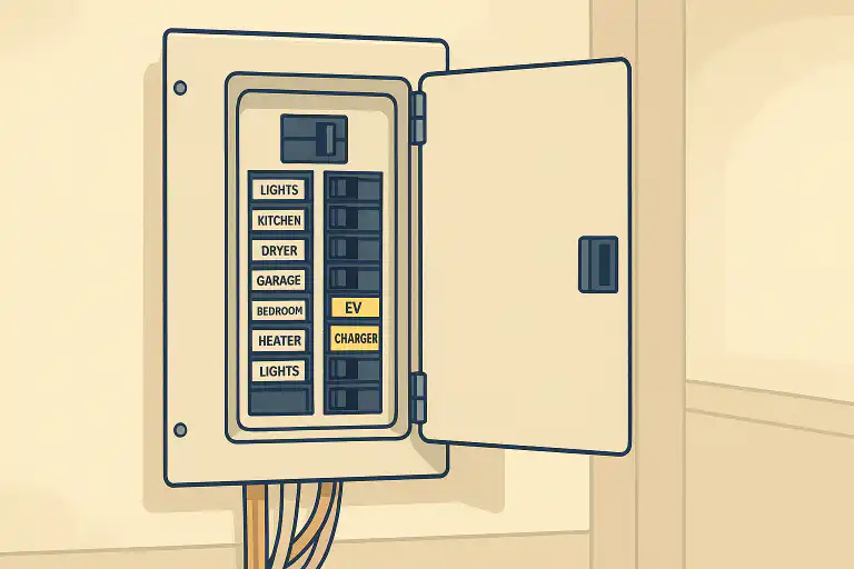Open electrical panel with labeled circuit breakers including dedicated ev charger breaker, representing professional ev plug wiring in Pickering and Durham Region