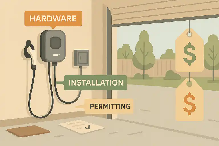 Illustration of an EV charging station in a garage with labeled hardware, installation, and permitting costs, representing ev plug wiring process near Pickering