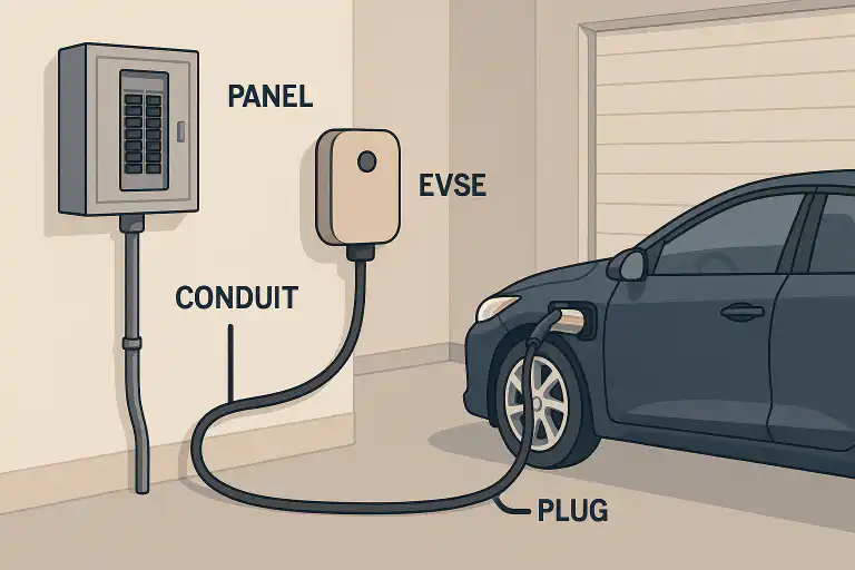 Illustration of an electric vehicle charging setup in a residential garage, showing electrical panel, conduit, EVSE station, and charging plug connected to the car