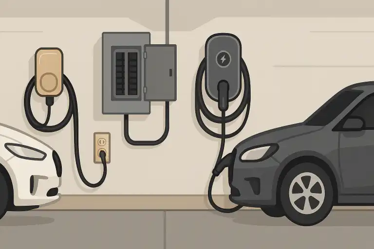two electric vehicles plugged into wall-mounted charging stations with visible wiring and breaker panel in a residential garage representing EV plug wiring in Pickering