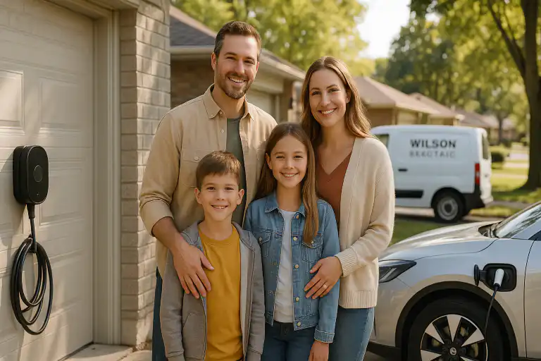 Smiling family stands outside their home next to a garage-mounted EV charging station and an electric vehicle, with a Wilson Electric Inc van parked in the background.