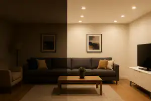 Side by side comparison of a modern living room with dim lighting on the left and bright recessed lighting on the right, highlighting the benefits of advanced lighting control setup