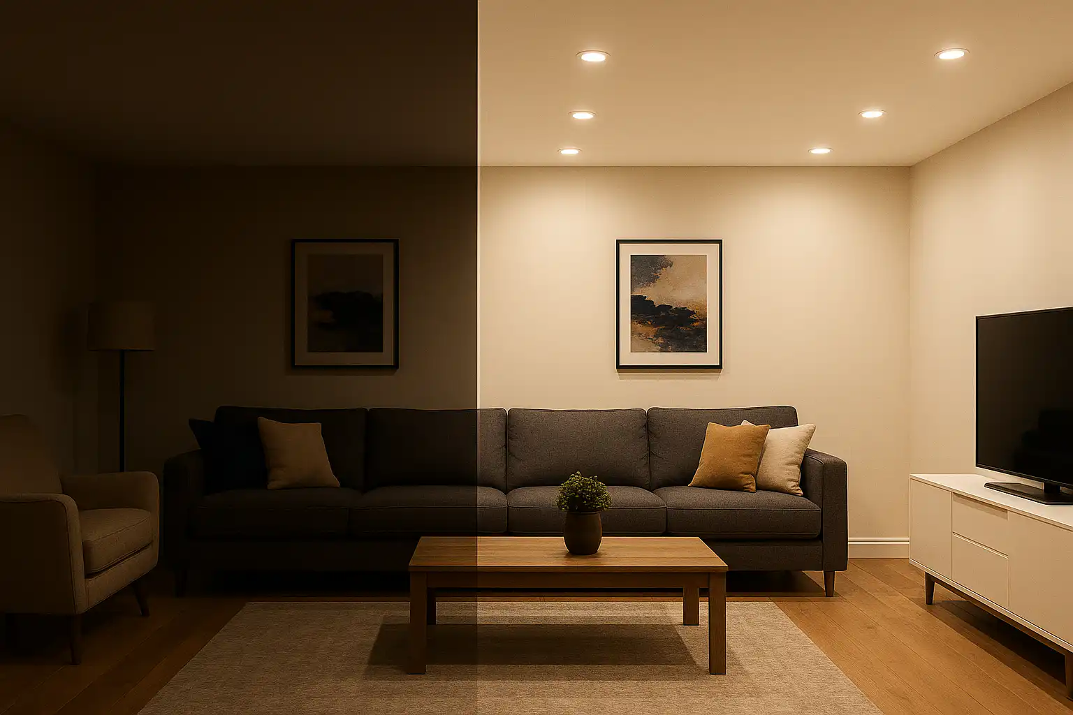Side by side comparison of a modern living room with dim lighting on the left and bright recessed lighting on the right, highlighting the benefits of advanced lighting control setup