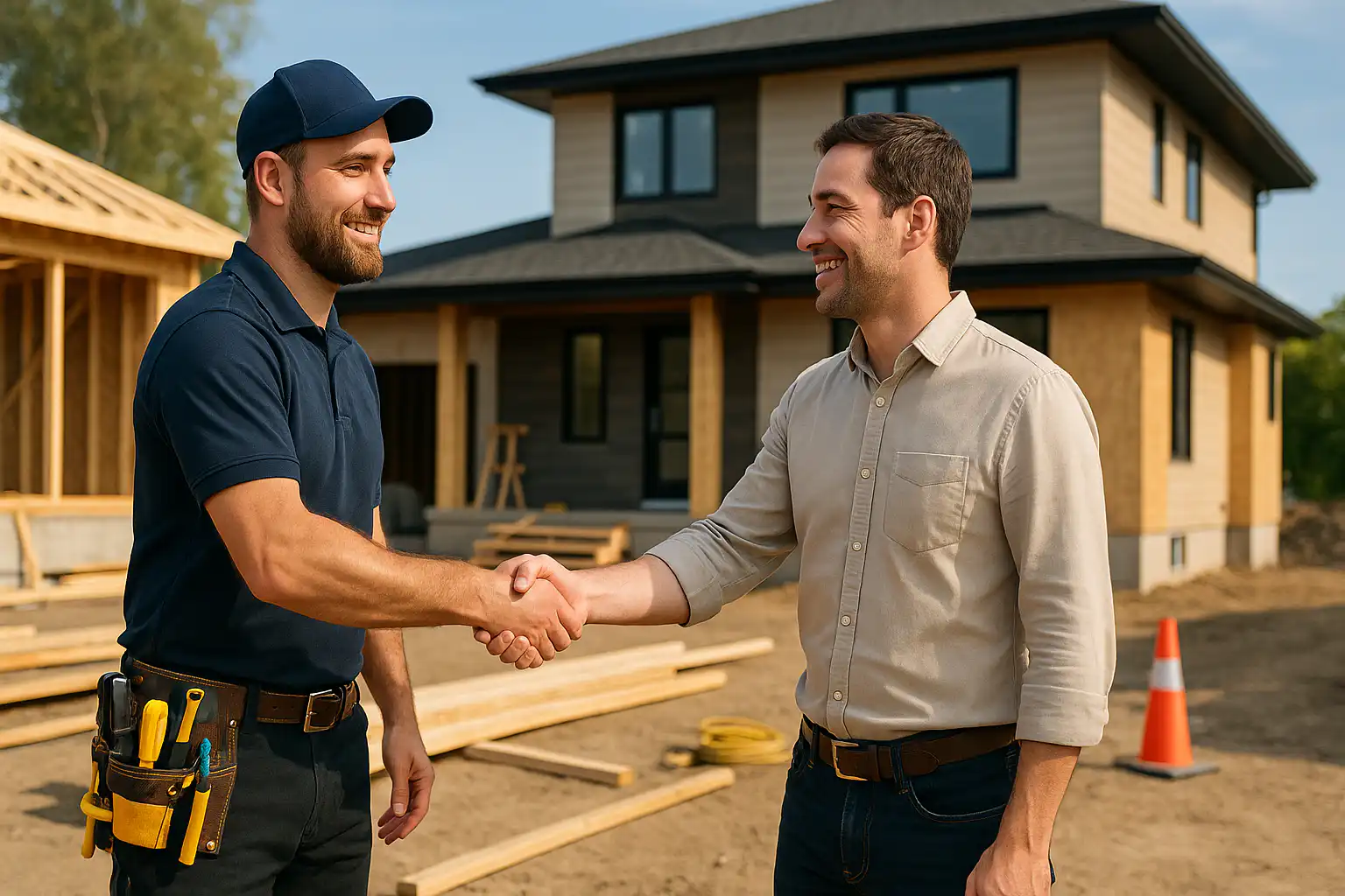 Electrician in work uniform shaking hands with a homeowner in front of a newly constructed house, with building materials and safety cones on site