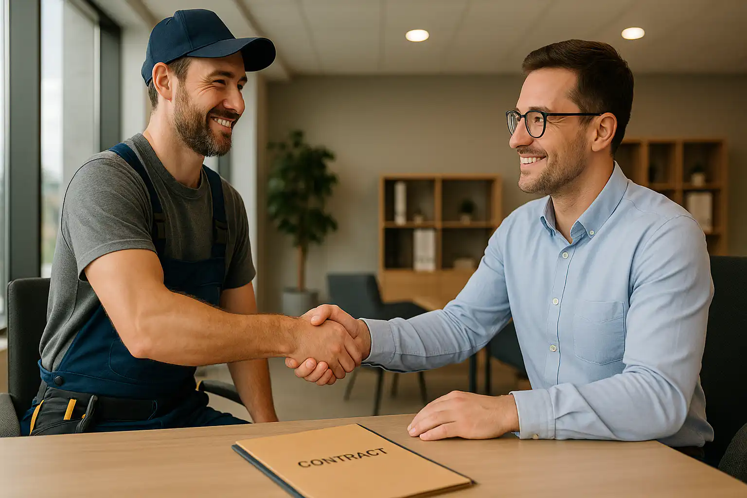 electrician and client shaking hands over contract at office table representing office pot light installation agreement in Whitby