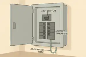 illustration of an electrical breaker box with main switch circuit breakers and grounding wire highlighted