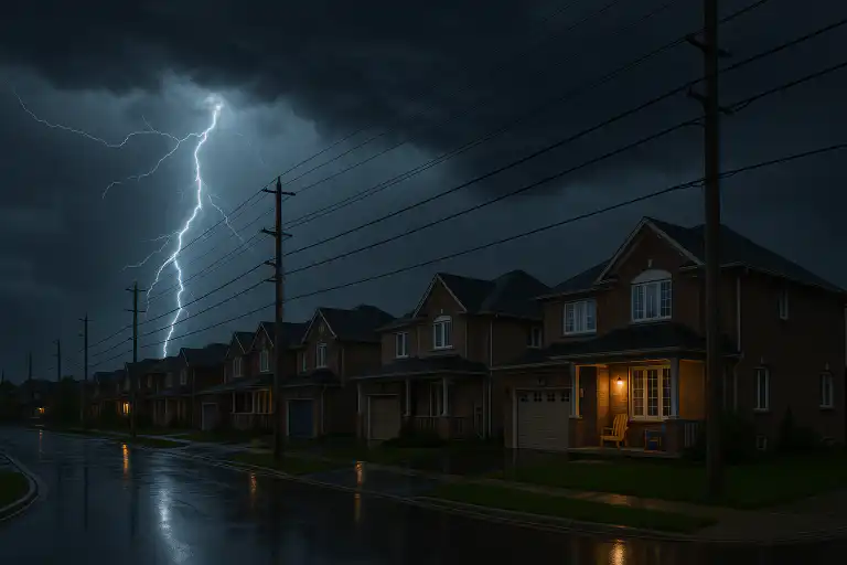 Lightning storm over suburban homes in Ajax highlighting need for breaker surge protection with illuminated windows reflecting preparedness