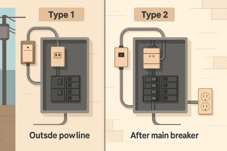 Diagram comparing two types of breaker surge protection installations labeled Type 1 and Type 2, showing placement either outside at the power line or after the main breaker, relevant for electrical safety in Ajax and Whitby.