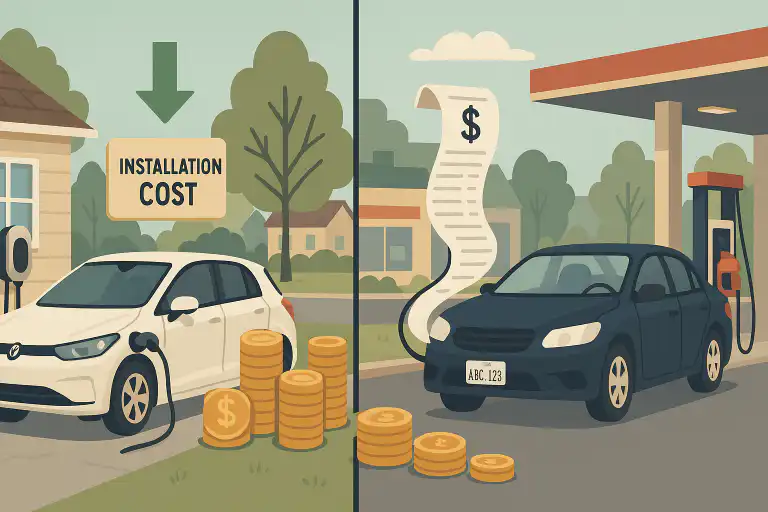 Illustration comparing a white electric car charging at home with an EV charger alongside lower installation costs and a black gas car refueling at a station with high ongoing expenses, set in a residential neighborhood in Whitby.