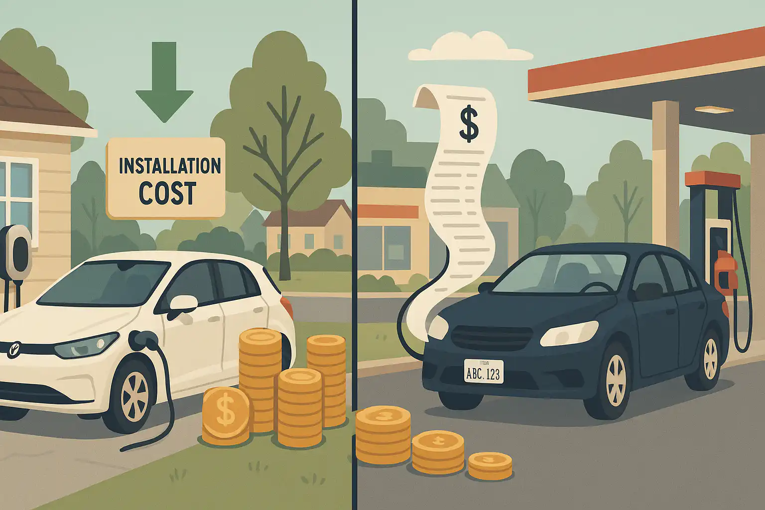 Illustration comparing a white electric car charging at home with an EV charger alongside lower installation costs and a black gas car refueling at a station with high ongoing expenses, set in a residential neighborhood in Whitby.